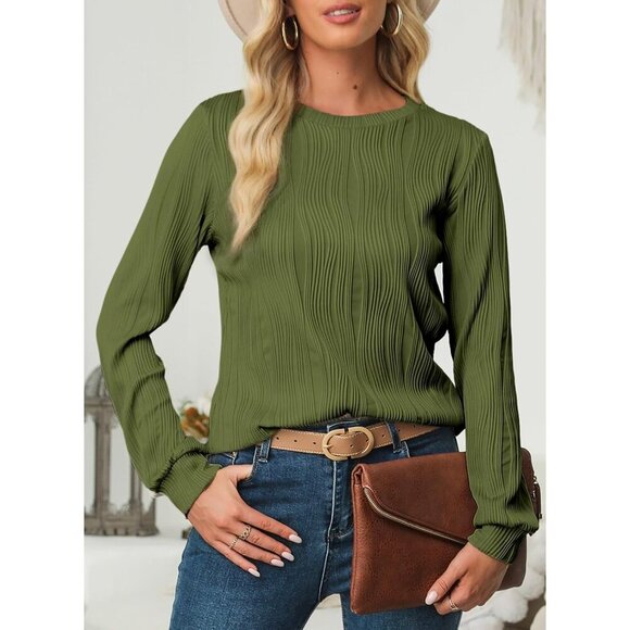 🆕 Women Green Trendy Casual Long Sleeve Crewneck Tops Loose Textured Blouses - Picture 3 of 6